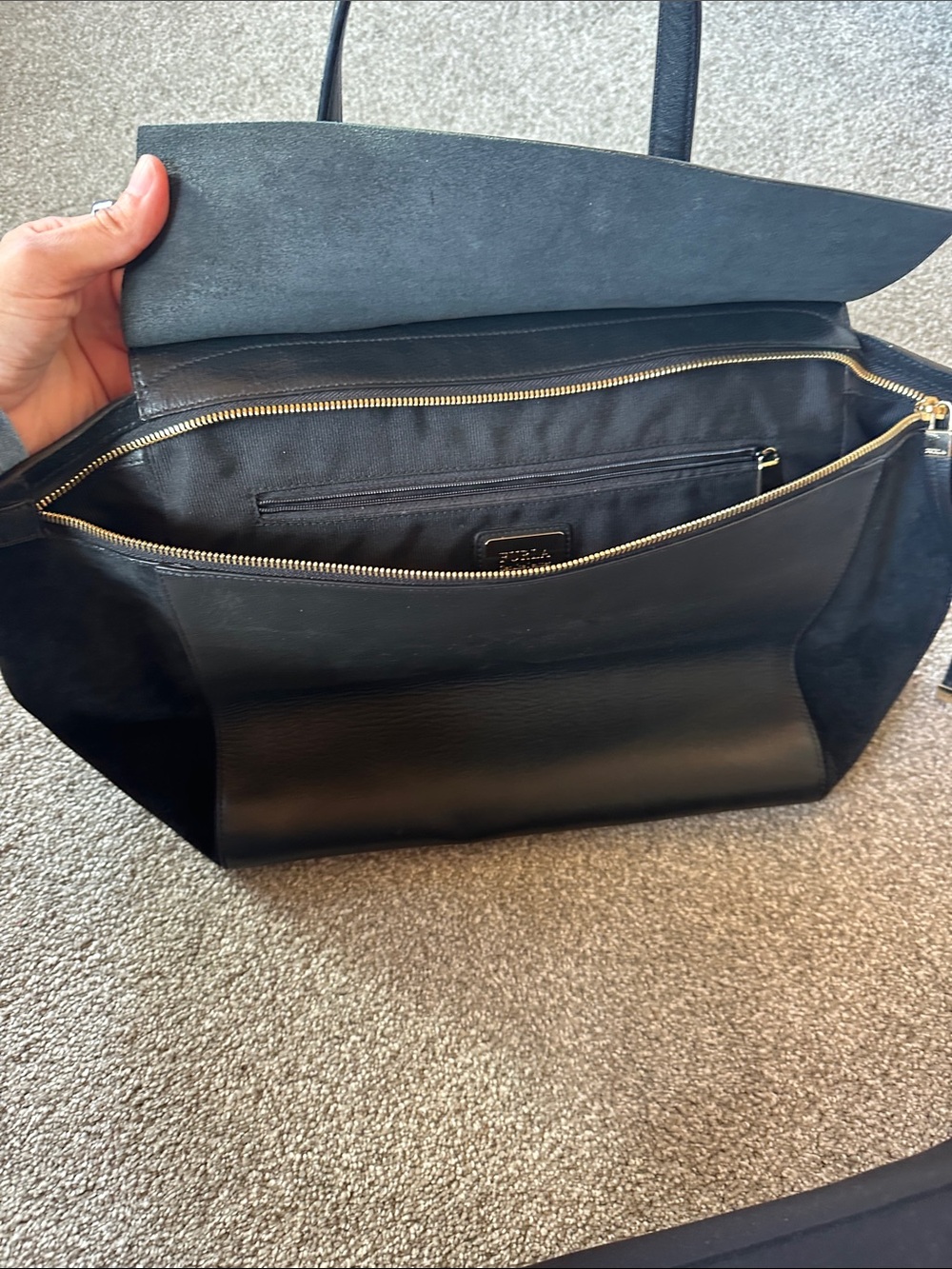 Furla Black Leather and Suede Tote with Gold Accents - Picture 2 of 8